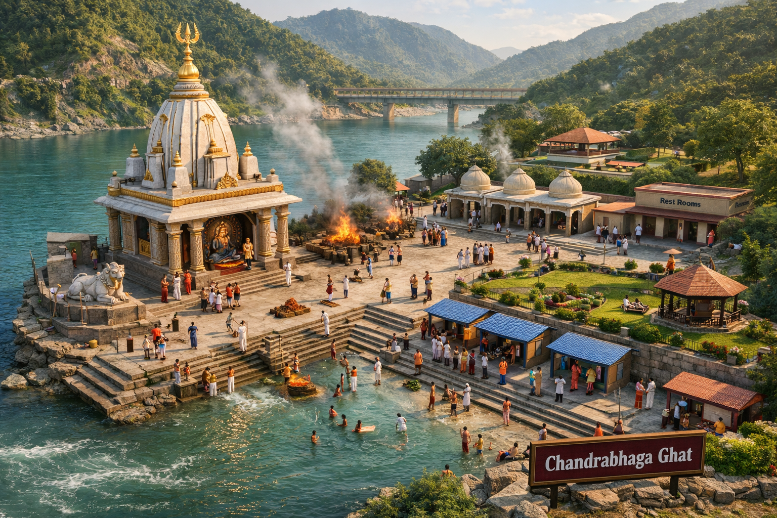 Conceptual view of a dignified ghat for rituals, remembrance, and peace